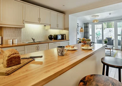 The kitchen at Caldey View 1, Tenby