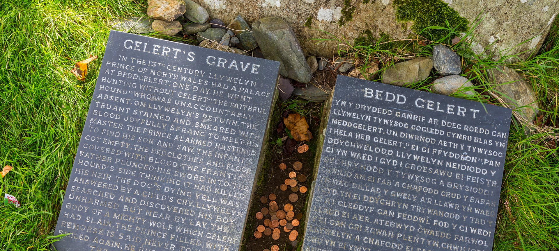 The village of Beddgelert (the Welsh for Glert's Grave) is claimed to have been named after the hound's resting place. Near the village are memorial stones, carved with the legend in English & Welsh, that are supposed mark the site of the grave. Beddgelert is a pretty little village and the walk to the stones is pleasant, so it can make for a relaxing day out.