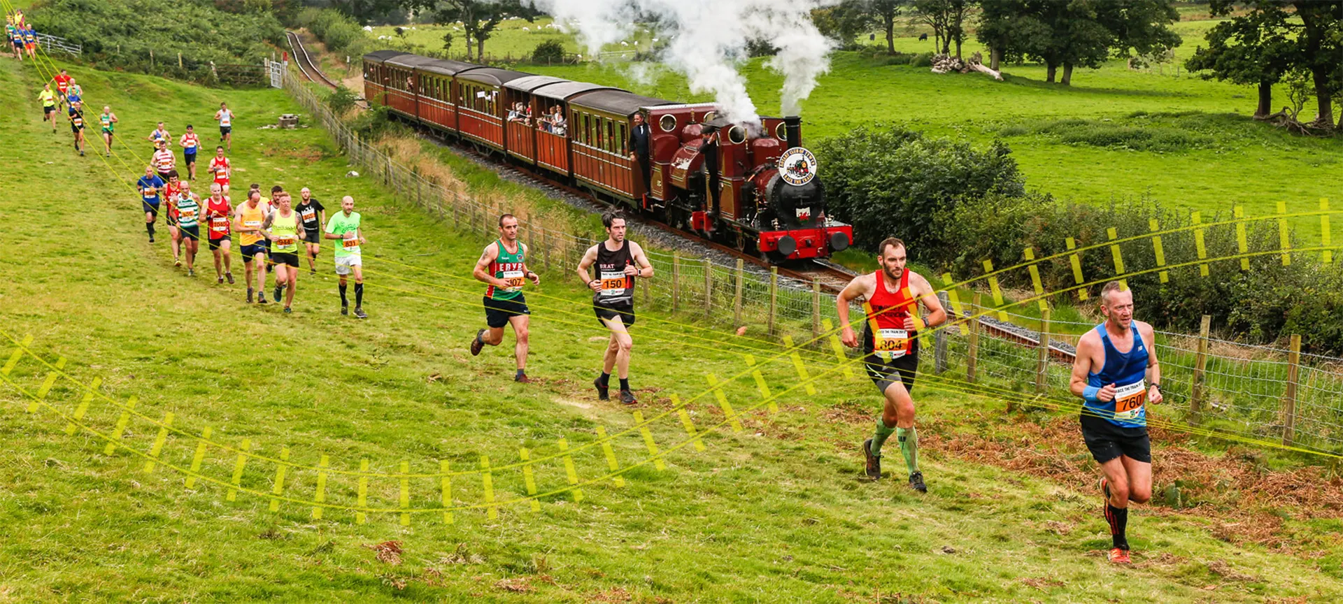 Race the Train takes place alongside as far as practicable the route taken by the Talyllyn Railway on its journey to Abergynolwyn and back. In order to do this all courses use a mixture of public roads, lanes, un-metalled roads, tracks, agricultural land, and rough grazing pastures. The terrain varies all the time and can be very wet & muddy in places, the routes also ascend and descend quite steep terrain and runs on narrow footpaths with little chance of overtaking.