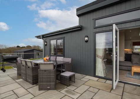 The patio & alfresco dining area at Valley View Lodge, Penally Grange, Tenby